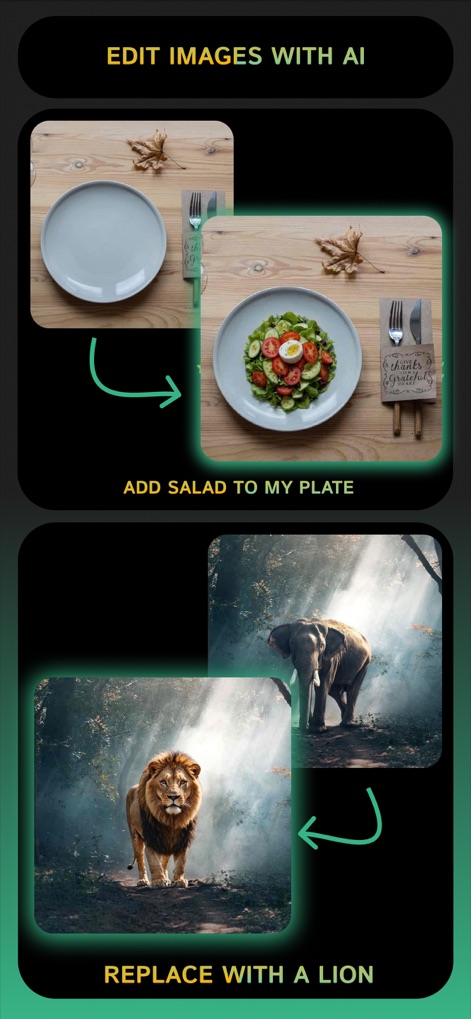 Clever AI Hub - Pro AI Agents - Observe the AI's capability to edit images effortlessly, from adding elements like salad to a plate to transforming subjects by replacing an elephant with a lion.