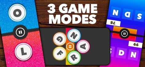 Party Word Game with Friends - Explore the variety of gameplay options with three distinct game screens, including the classic central game board featuring colorful letter circles.