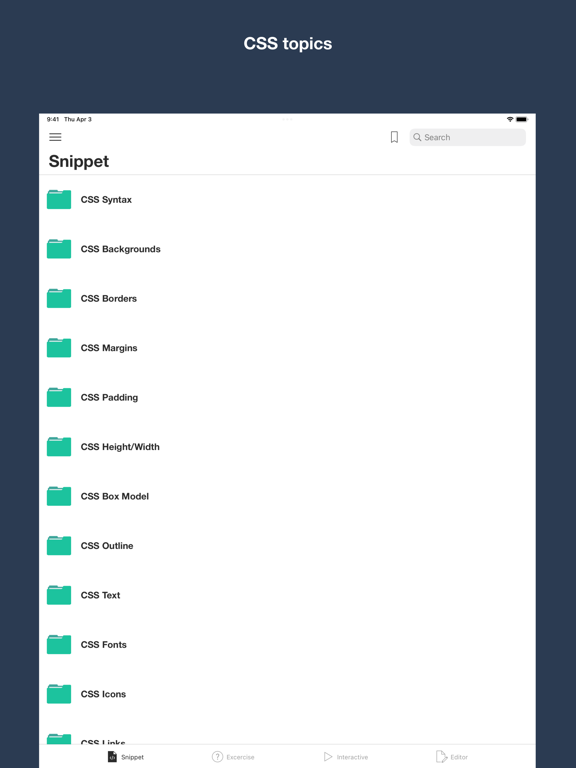 CSS editor, snippets, exercise app screenshot