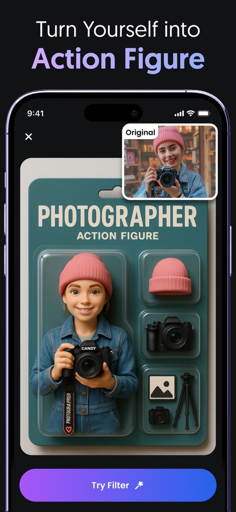 AI Video, Pic Generator・Filter - Dieses Tool verwandelt Nutzer in eine Actionfigur, erkennbar an der detailreichen Verpackung der Figur und der kleinen Vorschau des Original-Selfies oben rechts.