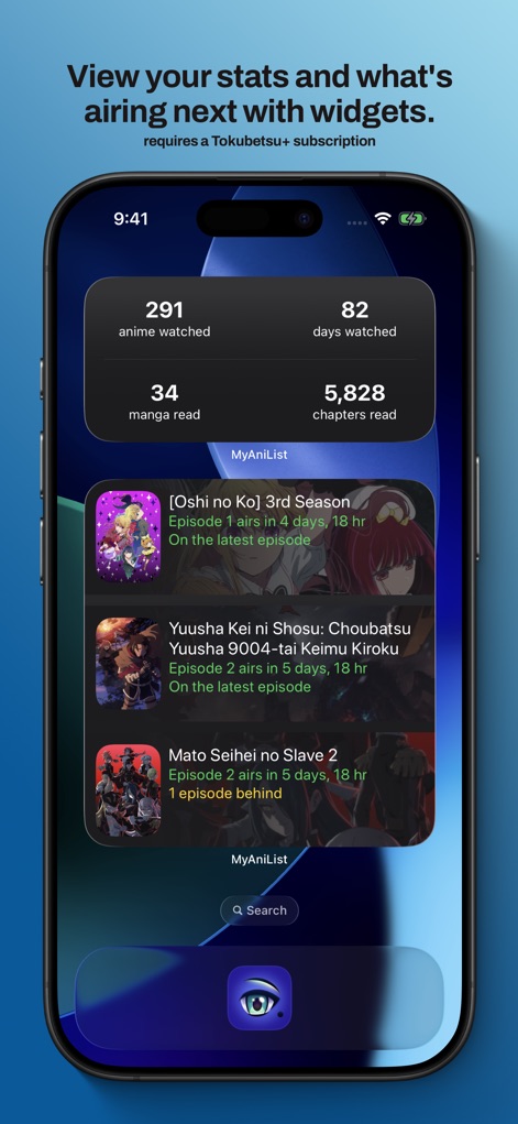 MyAniList - Track your progress effortlessly with dynamic home screen widgets displaying personal viewing statistics and upcoming episode air dates.