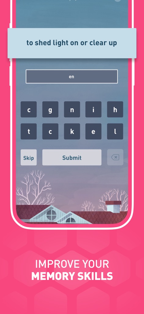 Elevate - Brain Training Games - This tool enhances memory skills through interactive word puzzles, requiring users to spell out words based on a definition using given letter tiles.