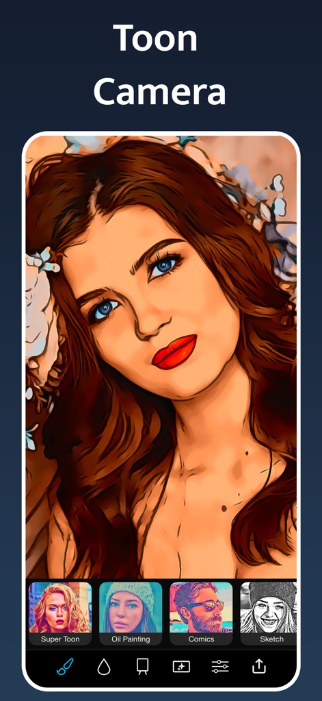 Instant Toon: Cartoon Art Cam - Los usuarios pueden transformar sus fotos en arte toon cautivador, evidenciado por el suave rendering artístico y los ojos detallados de la protagonista. La interfaz ofrece una barra de navegación intuitiva con previsualizaciones de estilos.