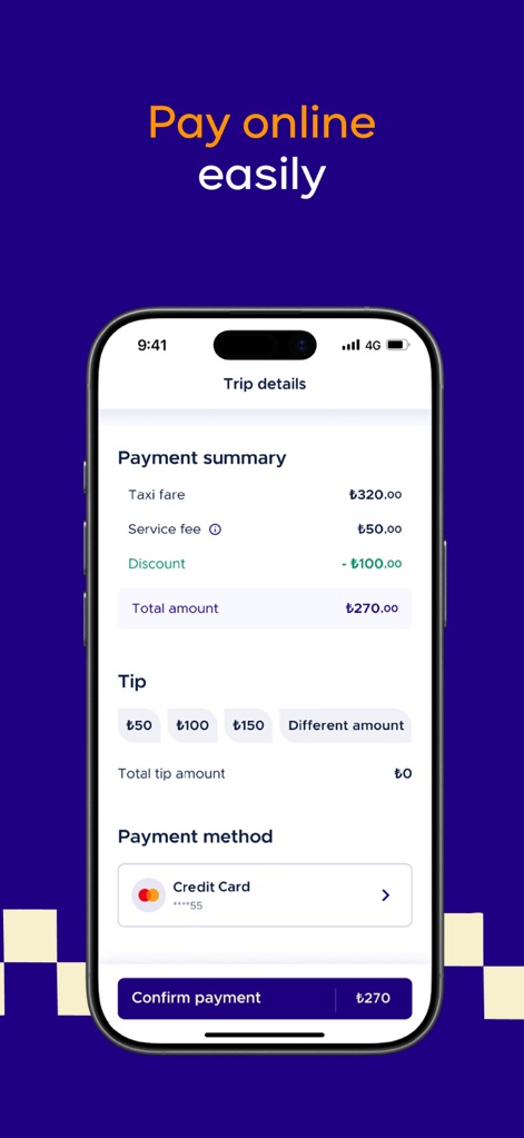 bitaksi - your closest taxi! - The app streamlines the payment process with a detailed 'payment summary' including fare breakdowns and discounts, offering various 'tip options' and secure credit card integration.