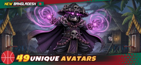 Head Basketball - The app showcases the diverse character roster, featuring striking visuals like the skull-adorned dark mage and the prominent "49 UNIQUE AVATARS" text.