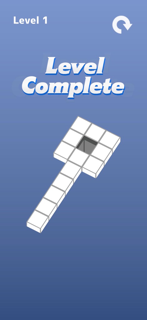Block Escape: 3D Block Puzzle - Witness the satisfying 'Level Complete' overlay affirming success, showcasing the cleared puzzle path after the block reaches its destination.