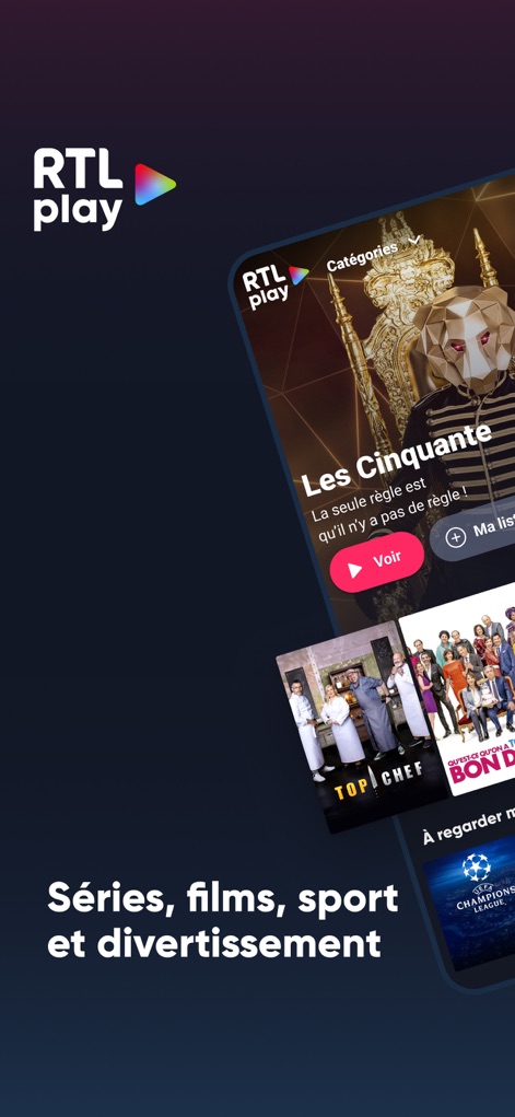 RTL play - Streaming et direct - The app showcases a rich array of content categories via the 'Catégories' dropdown and prominent show tiles like 'Les Cinquante', simplifying content discovery.