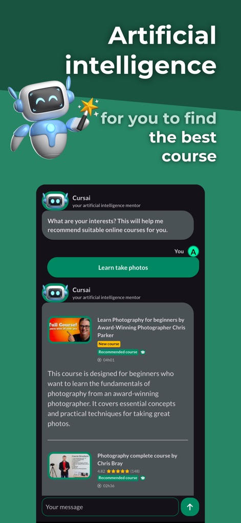 Cursa - Learn anything - A assistente "Cursai", impulsionada por inteligência artificial, interage com o usuário por meio de uma interface de chat e sugere um curso de "Learn Photography".