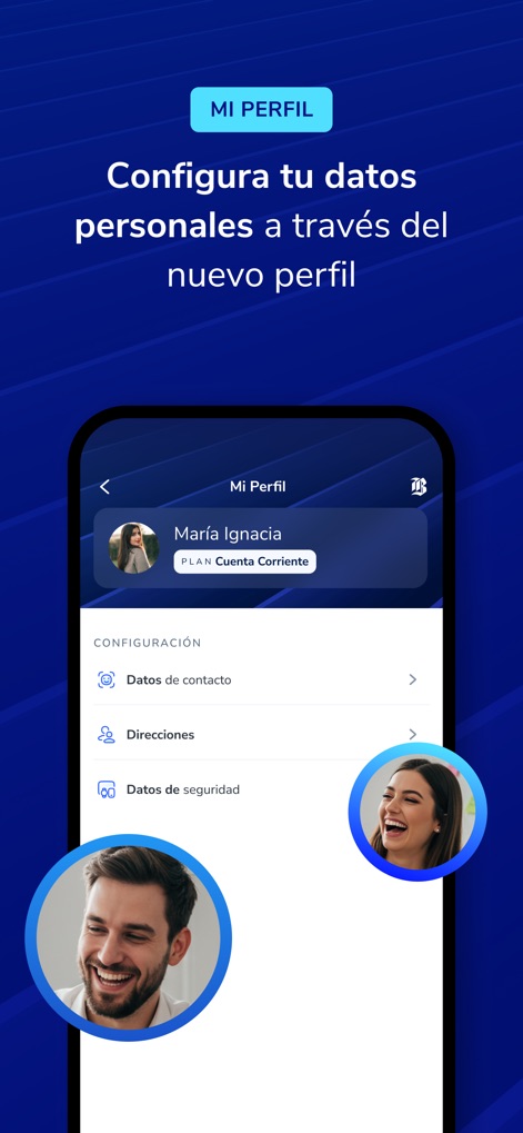 Mi Banco Chile - ユーザーは「Mi Perfil」セクションで個人データを設定でき、連絡先データやセキュリティ設定の管理機能と、個々のユーザー写真が明確に提示されています。