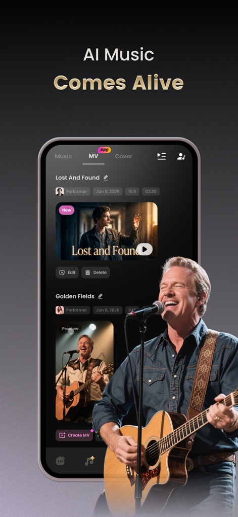 Music AI - MV Video Generator - This tool provides a clear overview of created music video projects, allowing users to easily "Edit" and "Preview" their AI-generated content.