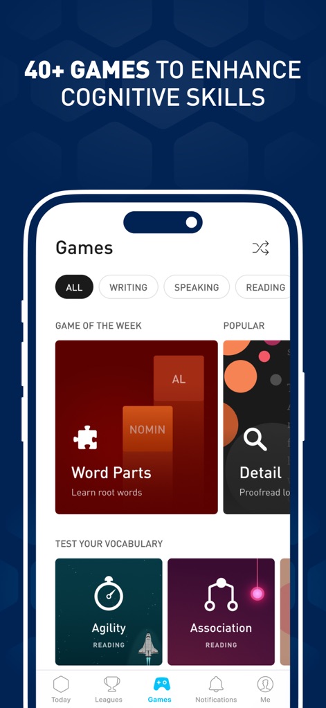 Elevate - Brain Training Games - This tool offers a diverse library of over 40 games, with examples like "Word Parts" for vocabulary and "Detail" for comprehension, categorized by skill focus.