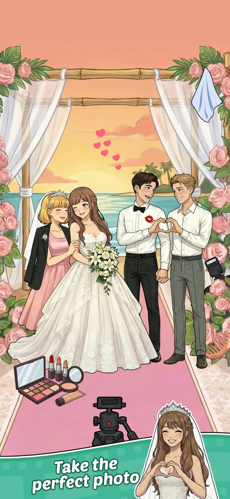 Tricky Dramas: Short Stories - Capture the perfect moment at a beautiful beach wedding, showcasing a happy diverse wedding party and professional camera equipment ready for the shot.