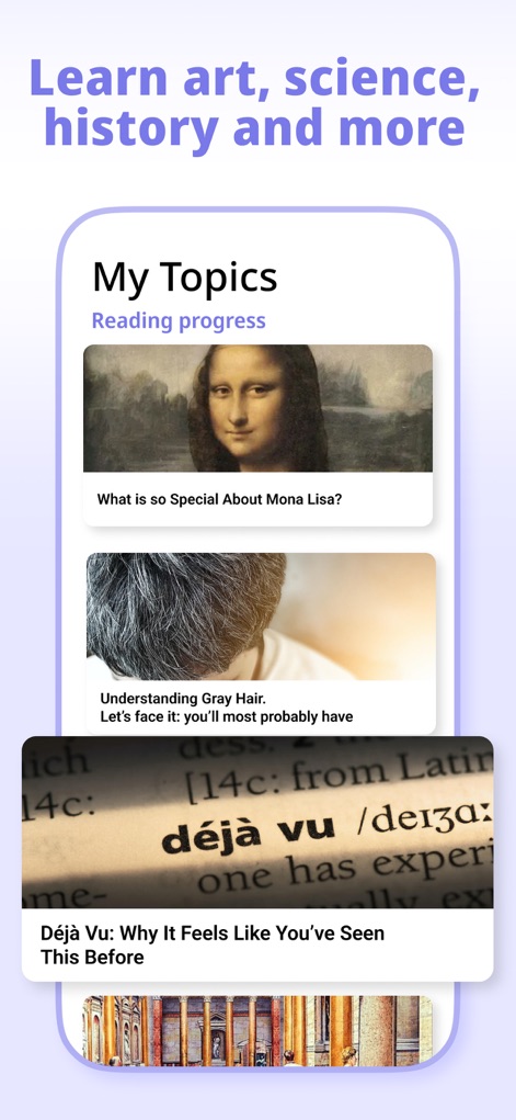 Nerdish: Daily Smart Learning - Monitor learning progress through the "My Topics" section, where "Reading progress" is clearly displayed for personalized self-education.