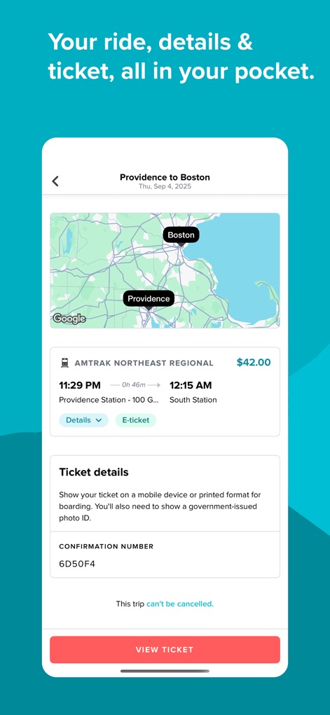 Wanderu: Bus & Train Tickets - 旅の「詳細な地図」が表示され、ユーザーは確認番号や旅の「出発時刻」といったチケット情報を一目で確認できます。