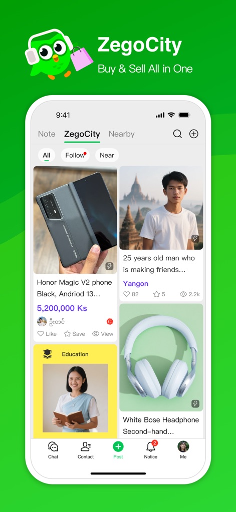 ZegoChat - ZegoChat integrates a comprehensive local marketplace, displaying diverse listings for items like phones and headphones, alongside helpful filters such as "Follow" and "Near".