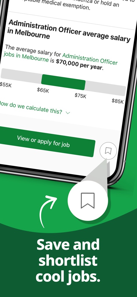 Jora Jobs: Search & Apply Now - Esta vista ofrece una estimación salarial de $70,000 por año para puestos de "Administration Officer" y un gráfico de barras que visualiza el rango de sueldo.