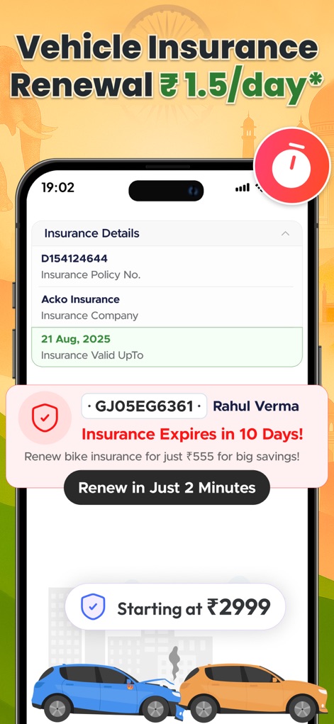 Vehicleinfo - All Vahan Detail - The app sends timely reminders for 'Vehicle Insurance Renewal', clearly showing 'Insurance Expires in 10 Days!' and facilitating renewals in just two minutes.
