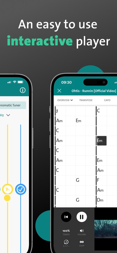 Chordify: Songs, Chords, Tuner - The interactive player clearly displays full chord progressions and includes a looping feature to focus on challenging song sections.