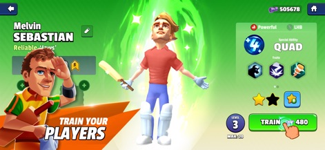 HITWICKET Cricket Game 2026 - Nurture rising stars through a dedicated player profile displaying unique special abilities like 'QUAD' and an accessible training interface with clear cost indicators.