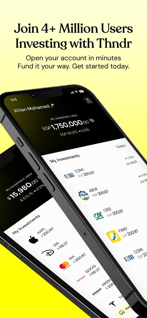 Thndr: Invest Your Money - L'app evidenzia la sua capacità di gestire investimenti in diverse valute, mostrando dashboard con saldi sia in EGP (EGP 1.750.000,00) che in USD ($15.980,00), e una varietà di titoli internazionali.