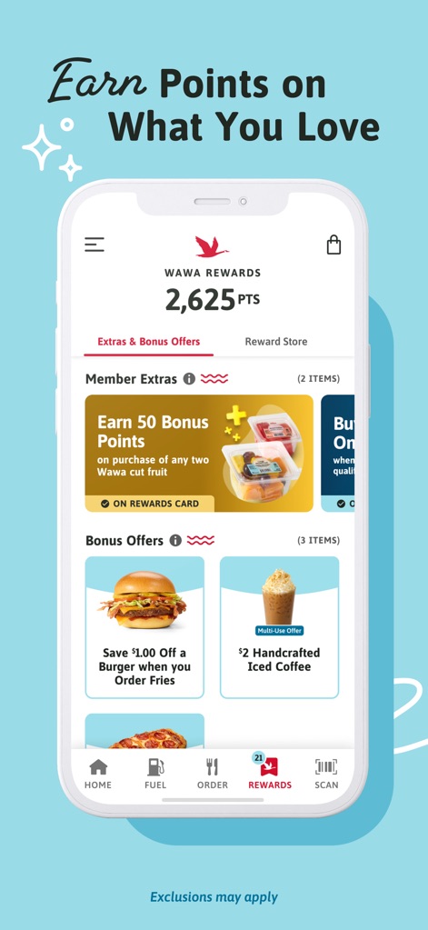 Wawa - This section showcases how users can accumulate points with Member Extras and redeem valuable Bonus Offers on their favorite items.