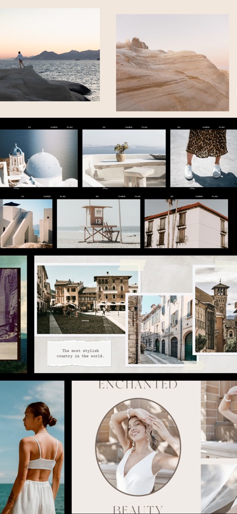 Panorama Scroll Carousel Maker - Admire the artistic flexibility of the app, presenting finished posts with elegant text overlays and creative image arrangements across different thematic designs.