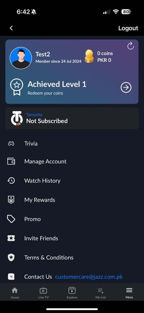 Tamasha: Live TV, Movie, Drama - Le menu "Mon Compte" offre un accès rapide à la "Watch History" et aux fonctionnalités de "Trivia", enrichissant l'expérience interactive de l'utilisateur.