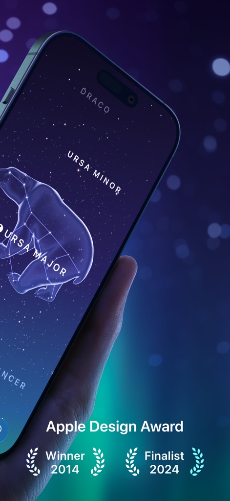 Sky Guide - Esta captura destaca la función de visualización de constelaciones, mostrando claramente las siluetas de 'Ursa Major' y 'Ursa Minor', y reforzando la calidad de la app con el "Apple Design Award".