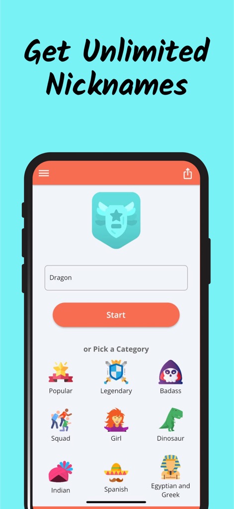 Nickname Fire: Nickfinder App - View the app's intuitive interface for generating nicknames, featuring an input field for custom names and a variety of thematic categories for curated suggestions.