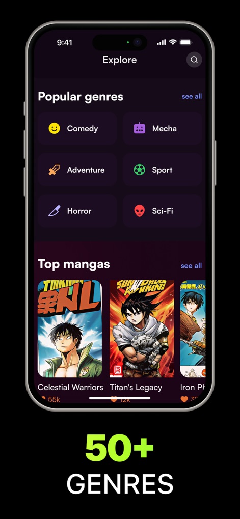 Manga Reader ㅤ - Os leitores podem explorar mais de "50+ Gêneros", com categorias visíveis como "Comédia" e "Aventura", facilitando a descoberta de novos títulos.