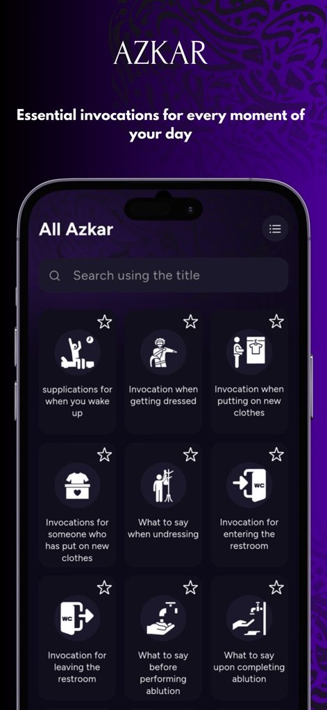 MAWAQIT - Prayer times, mosque - La aplicación proporciona invocaciones esenciales para cada momento del día, presentadas con íconos claros para cada tipo de súplica, como las de "cuando te despiertas" o "al vestirte".
