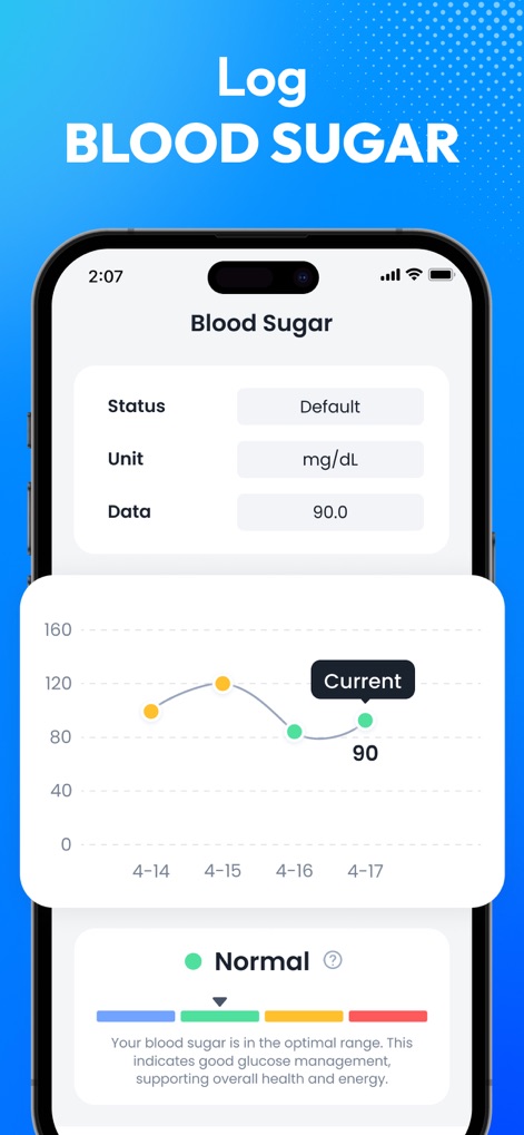 Blood Pressure App-BP Tracker - Die App visualisiert Blutzuckerverläufe in einem übersichtlichen Liniendiagramm und klassifiziert die Messwerte mit einer farbcodierten Statusanzeige.
