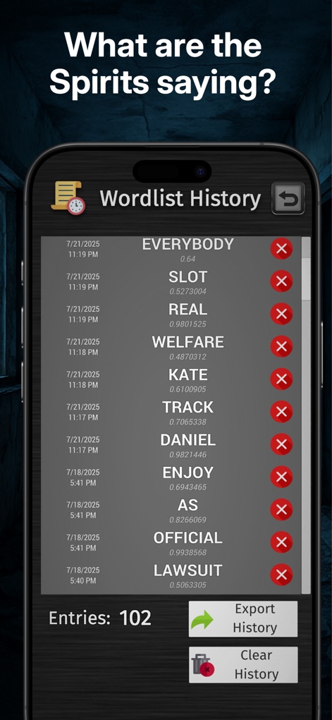 Ghost Hunting Tools - Detector - This feature records every detected word with timestamps in the Wordlist History, allowing users to review and export their spectral conversations.