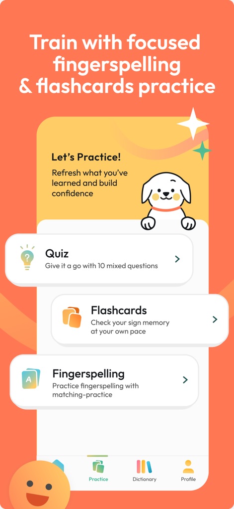 ASL Bloom - Sign Language - Examine the variety of practice tools available, including focused "Fingerspelling" exercises and "Flashcards" for sign memory recall.