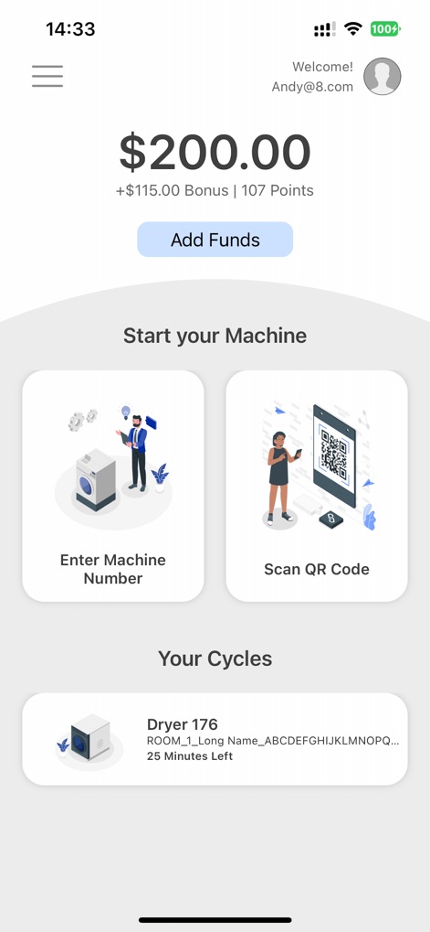 CleanPay Mobile - Users can easily view their current account balance and actively monitor ongoing laundry cycles, such as the 'Dryer 176' countdown, directly from this comprehensive dashboard.