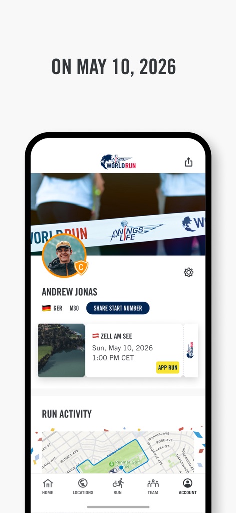 Wings for Life World Run - The app displays a comprehensive user profile with personal details and offers a 'Run Activity' section to visualize past running routes.