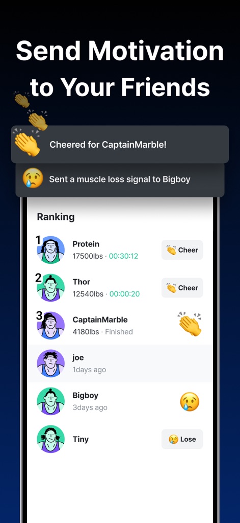 Gymwork: Workout Tracker Log - Users can foster a supportive fitness community by viewing a friend "Ranking" list and sending interactive "Cheer" or "muscle loss signal" reactions to motivate each other.