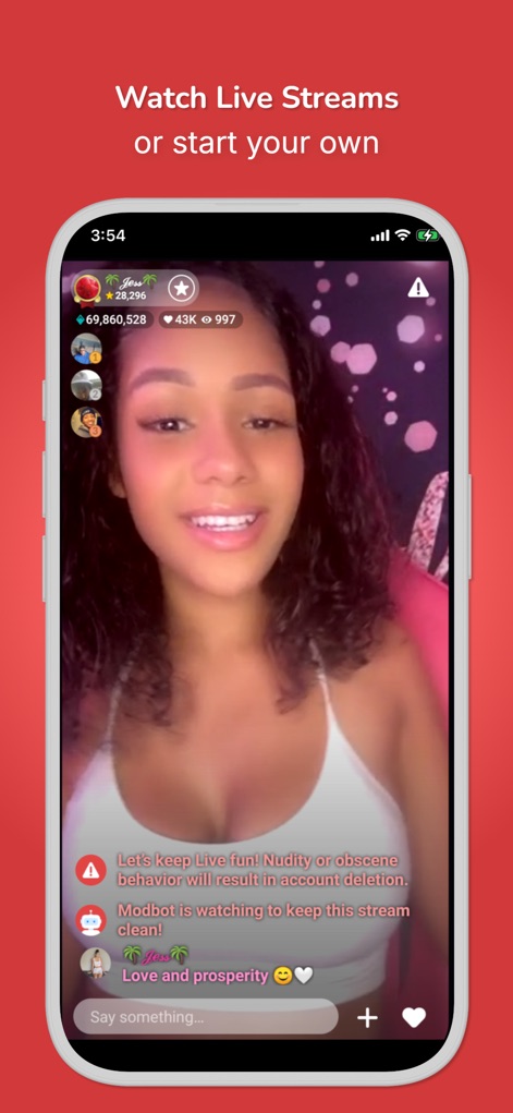 Moco - Chat, Meet People - This screenshot illustrates the app's interactive live streaming capability, featuring a live broadcaster and real-time viewer engagement metrics for dynamic interaction.
