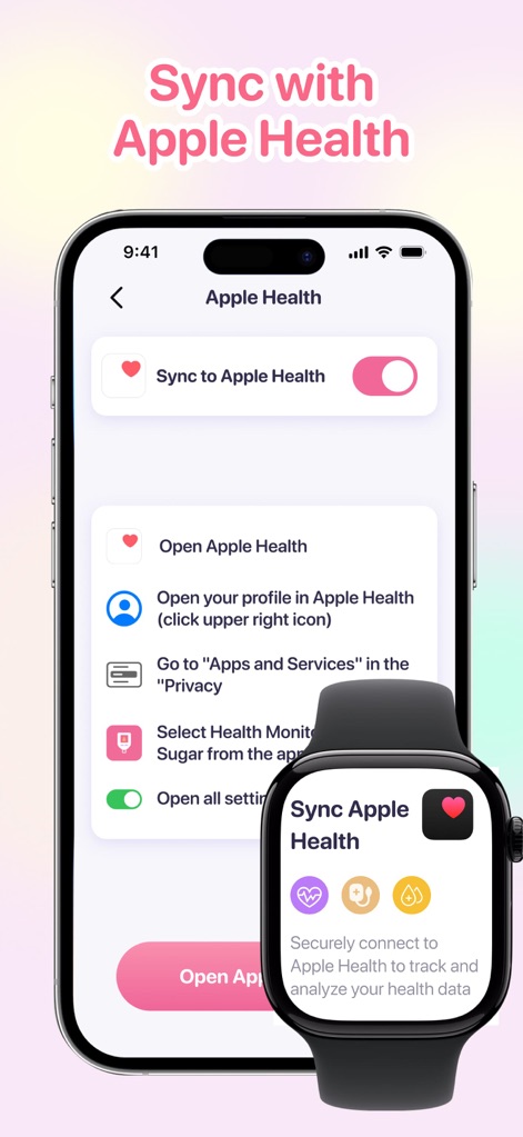 Health Monitor: Blood Pressure - Esta tela demonstra a integração do aplicativo com a Apple Health, permitindo aos usuários ativar a "sincronização de dados" através de um "toggle" e acessar diretamente o aplicativo da Apple Health.