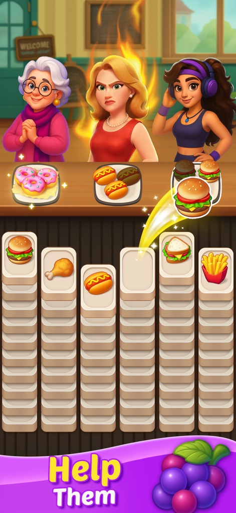 Food Sort: Puzzle Game - La aplicación presenta personajes clientes con expresiones variadas, desde la preocupación hasta la satisfacción, mientras los usuarios organizan eficientemente las columnas de alimentos apilados para satisfacer sus pedidos.