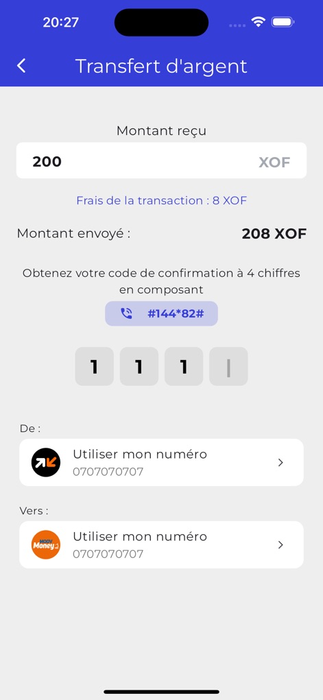 WalliSend - Users can review precise transfer details, including received and sent amounts in XOF, and access a USSD code for secure transaction confirmation.