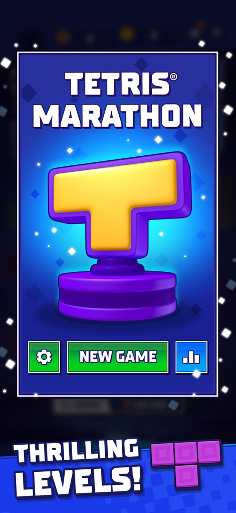 Tetris® - La pantalla de inicio del 'Modo Maratón' muestra un icónico trofeo en forma de T y opciones claras como 'NEW GAME' y 'STATS' para los jugadores.