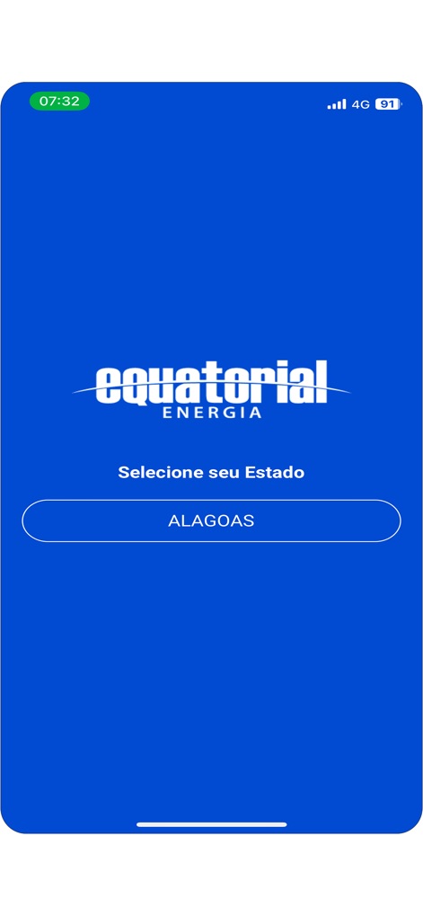 Equatorial Energia - La aplicación inicia con la selección del estado, presentando el logo de Equatorial Energia y un botón prominentemente azul para el acceso a 'ALAGOAS'.