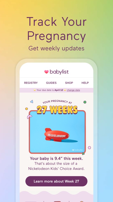 Babylist Baby Registry App Store screenshot 3, headline “Track Your Pregnancy”. Yellow.