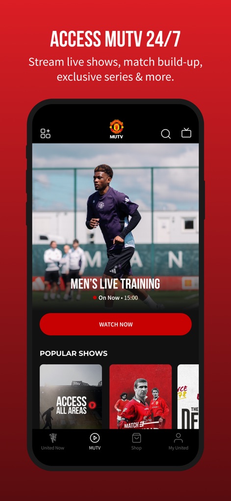 Manchester United Official App - The app offers 24/7 access to MUTV content, featuring live training sessions and a carousel of popular shows.
