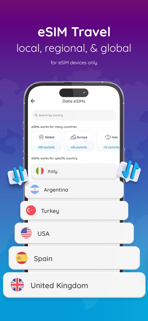 Numero: Data & Virtual Numbers - Nutzer können internationale Daten-eSIMs für verschiedene Länder und Regionen auswählen, unterstützt durch die übersichtliche Länderliste und die regionalen Filteroptionen.