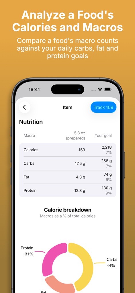 Gym Geek Calorie Counter - Gain insights into food choices with detailed numerical nutrition data and a clear, visual calorie breakdown pie chart illustrating macro percentages.