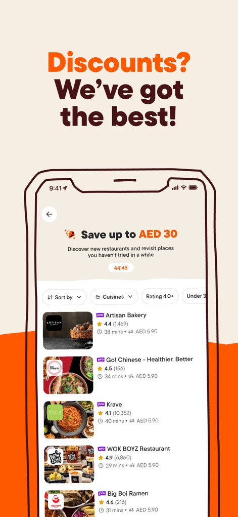 talabat: Food, grocery & more - L'application facilite la recherche de nouveaux restaurants et la découverte de réductions alléchantes, avec la possibilité de filtrer par 'Cuisines' et 'Rating 4.0+'.