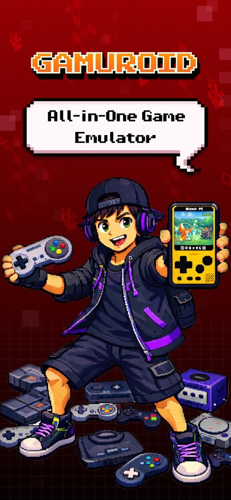 Gamuroid: All Game Emulator - See how Gamuroid's prominent "All-in-One Game Emulator" branding effectively communicates its comprehensive functionality, surrounded by the iconic imagery of various classic console controllers.