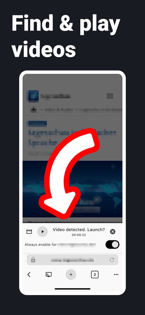 BROWSER with TV Remote - Witness the app's intelligent video finder, which automatically detects media on webpages and provides a clear 'Video detected. Launch?' prompt for immediate playback.